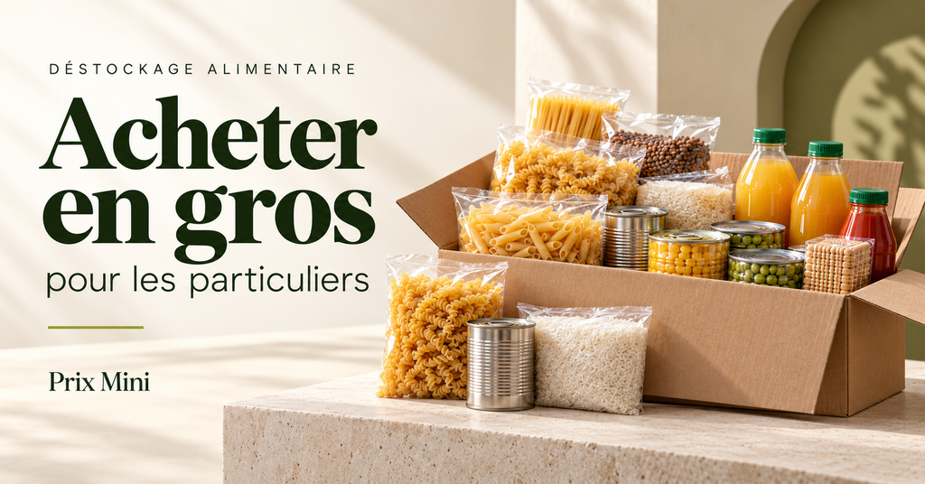 Carton de produits alimentaires en gros pour particuliers, avec pâtes, riz, conserves, biscuits et boissons.